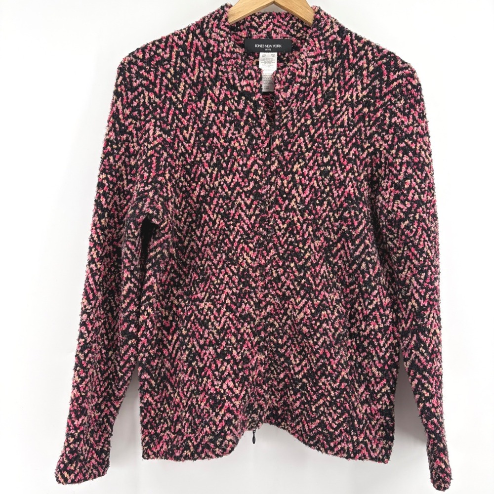 Jones New York Petite Pink Black‎ Chevron Boucle Full Zip Mock Neck Jacket PM